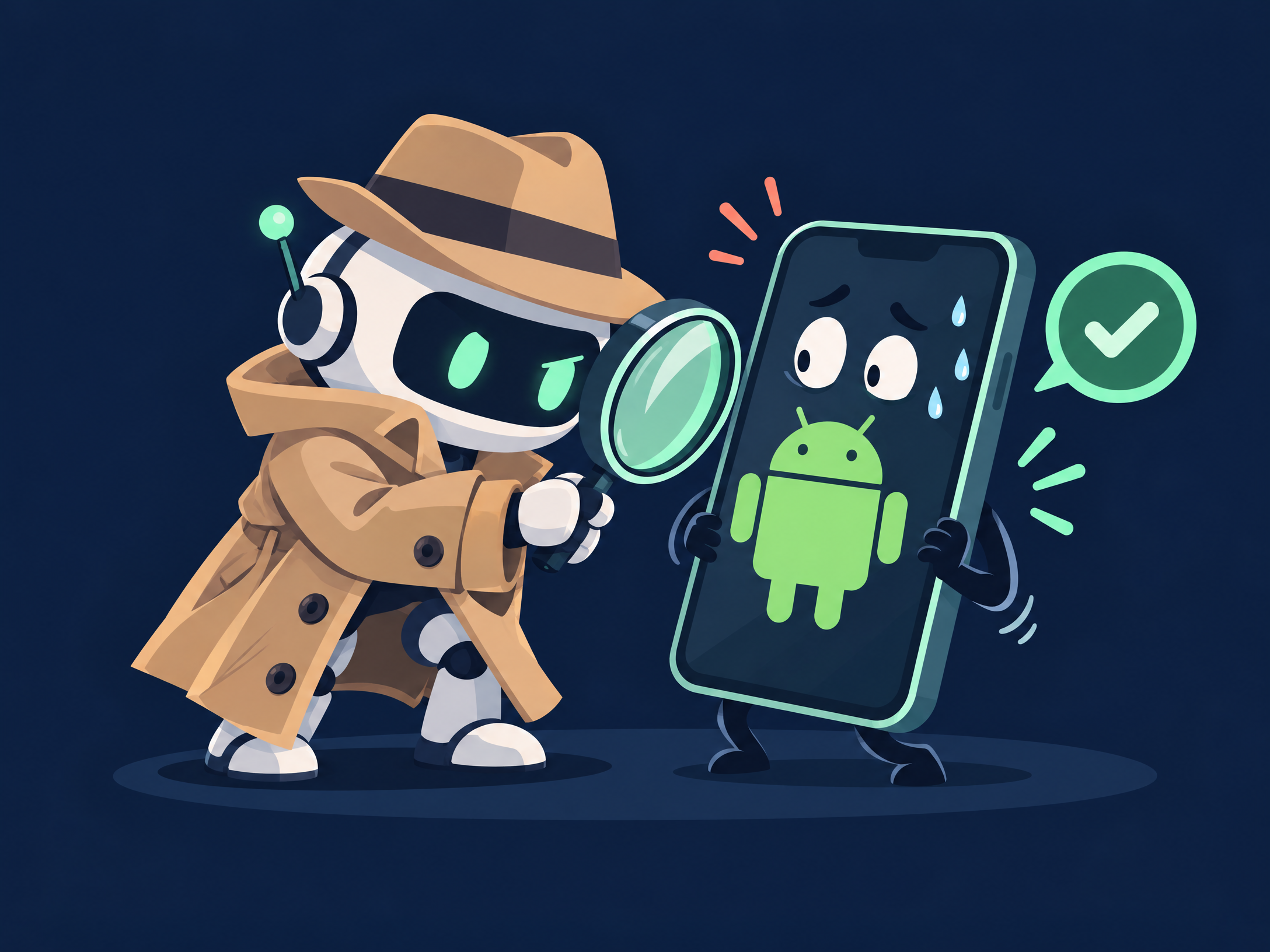 A tiny robot QA detective examines a nervous app icon with a magnifying glass.