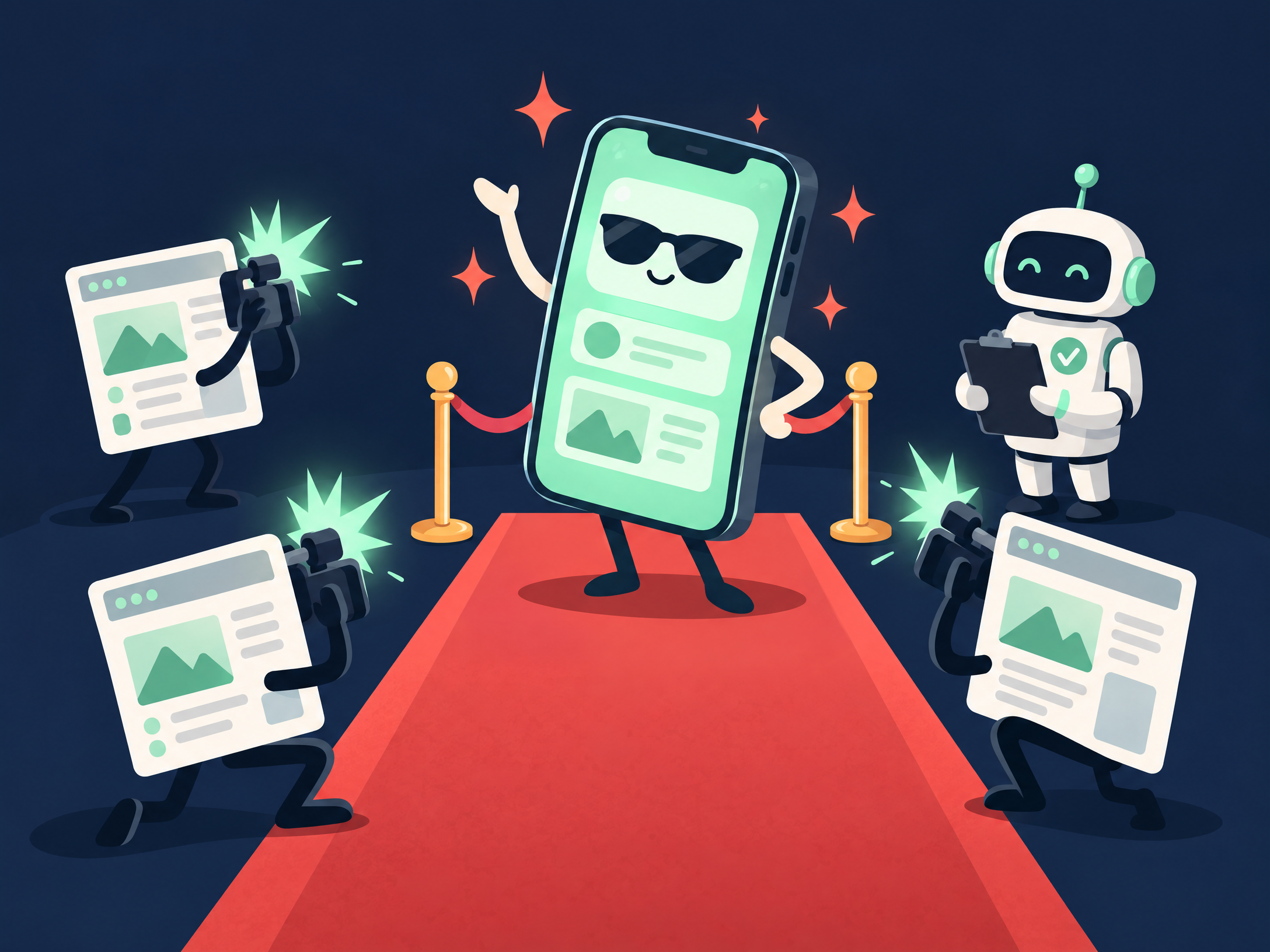 A phone poses on a red carpet as screenshot cards flash like paparazzi.