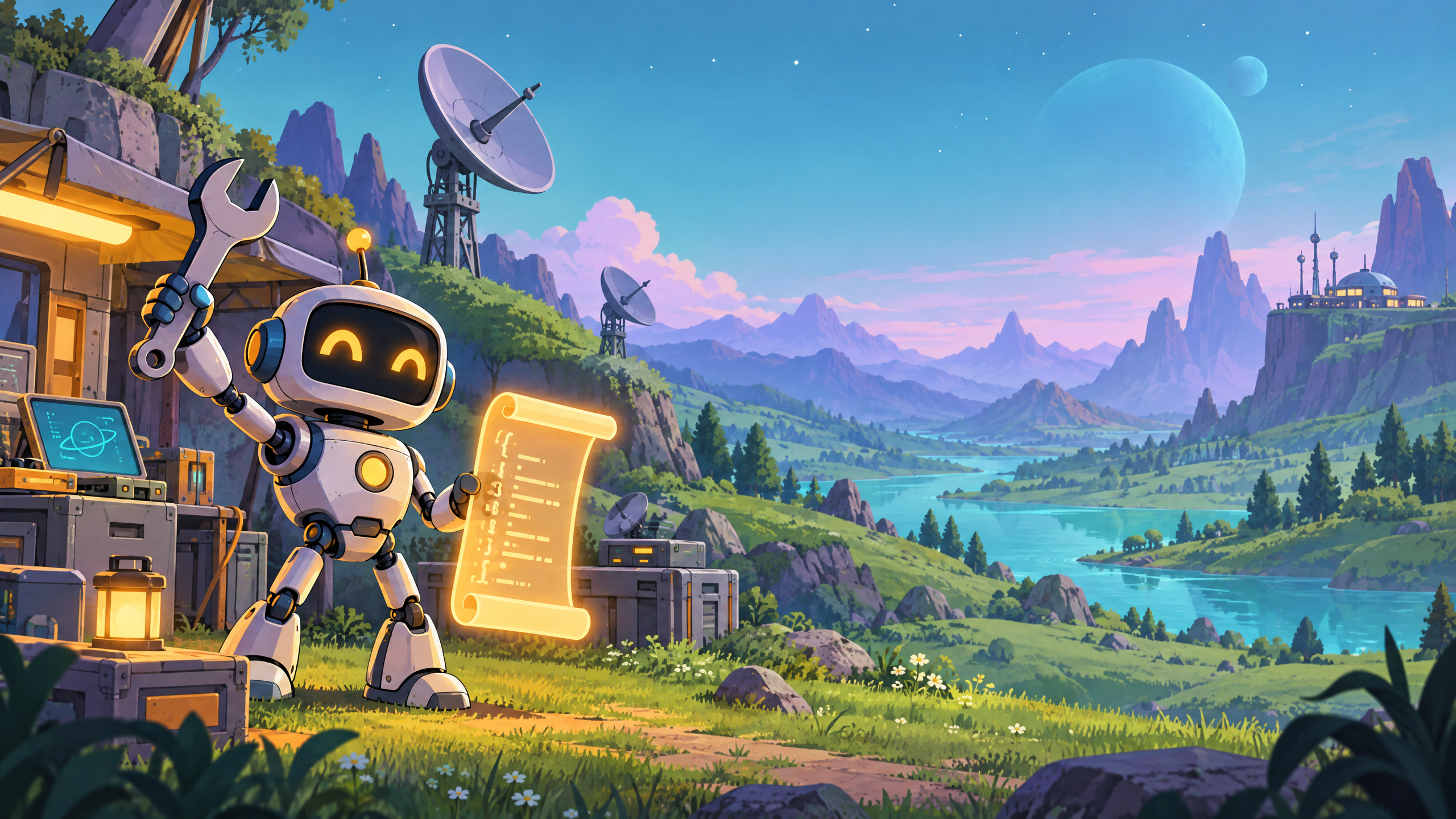 Robot developer in a workshop valley