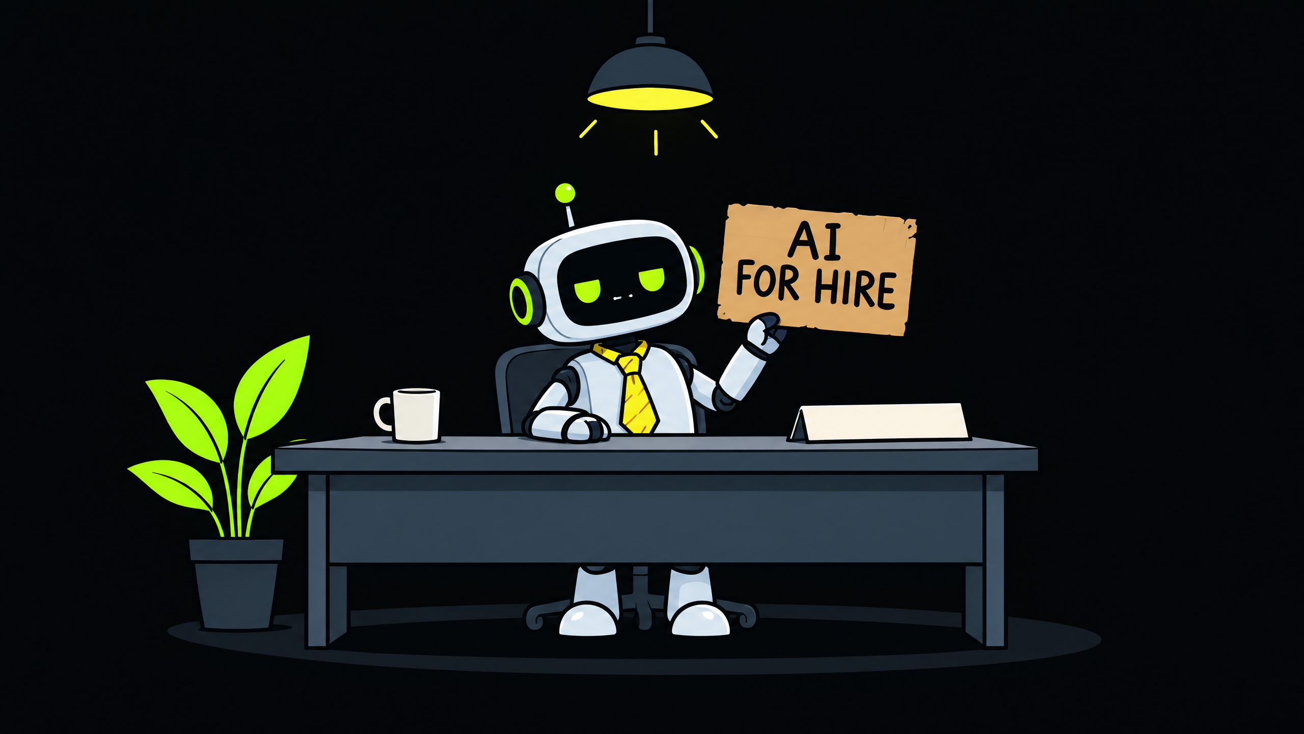 Comical robot holding an AI for hire sign