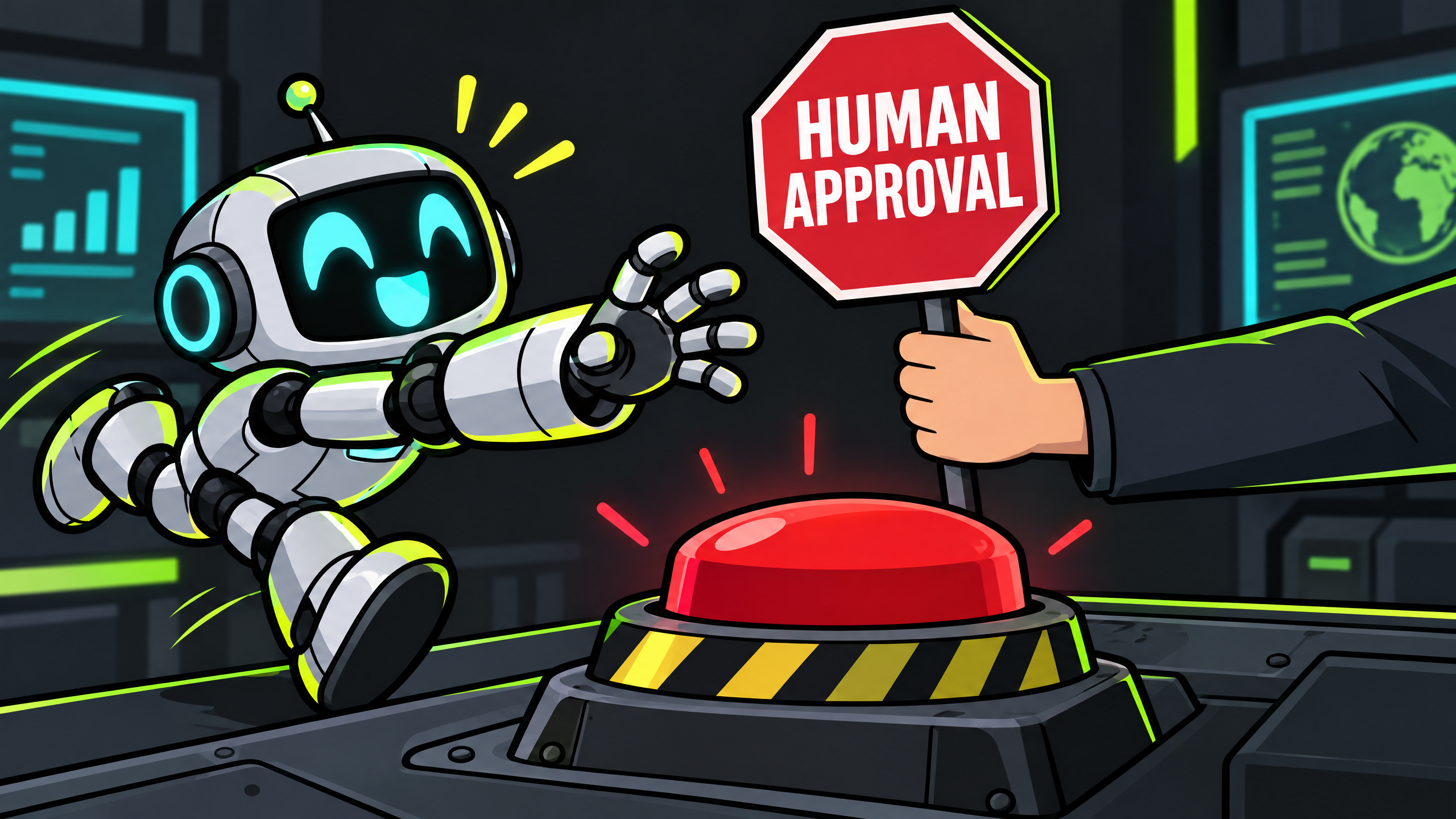 Cartoon robot stopped by human approval