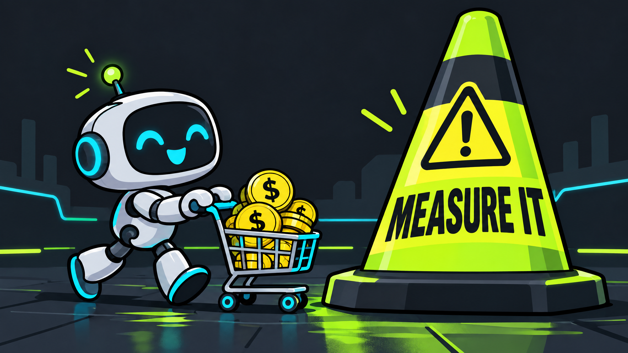 Cartoon robot with a measure it warning