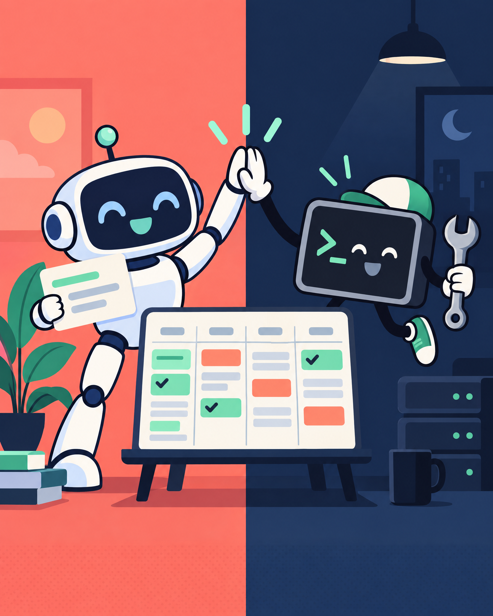 A cartoon robot and shell character high-fiving over a schedule board