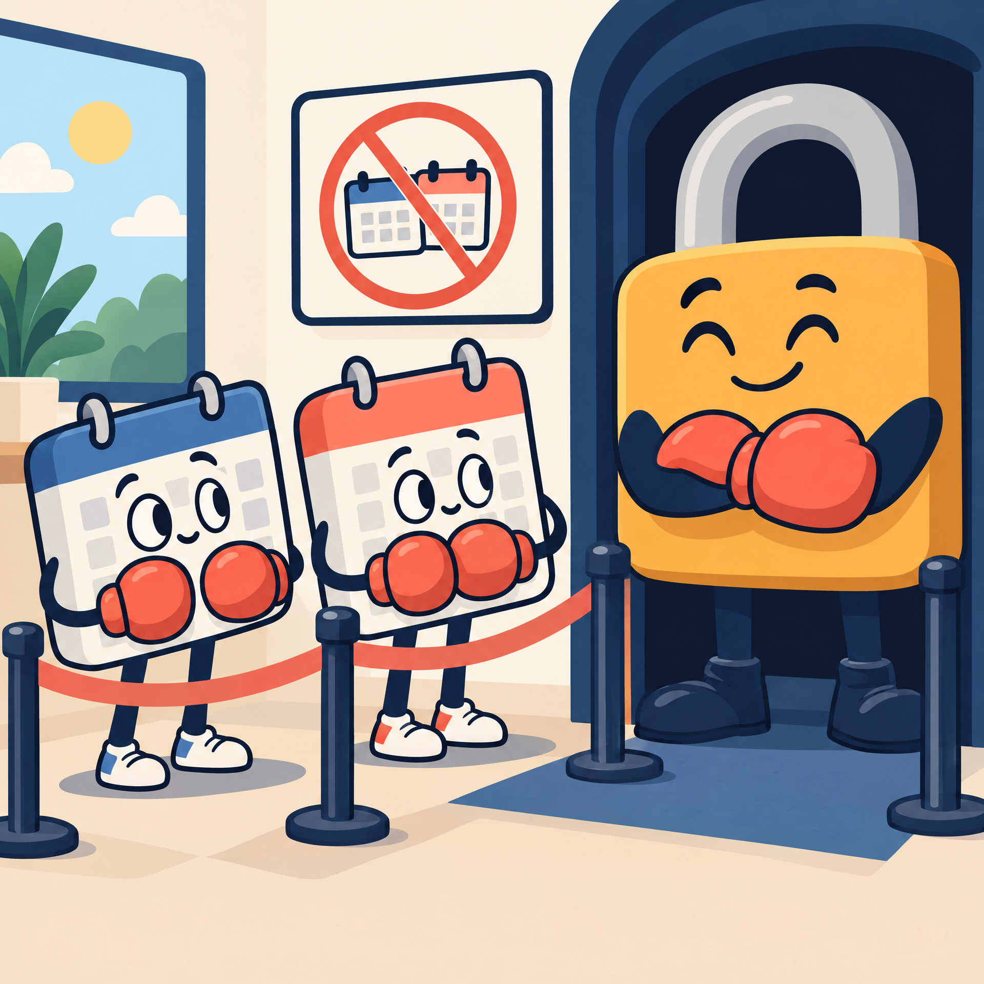 Two cartoon cron jobs politely waiting behind a padlock