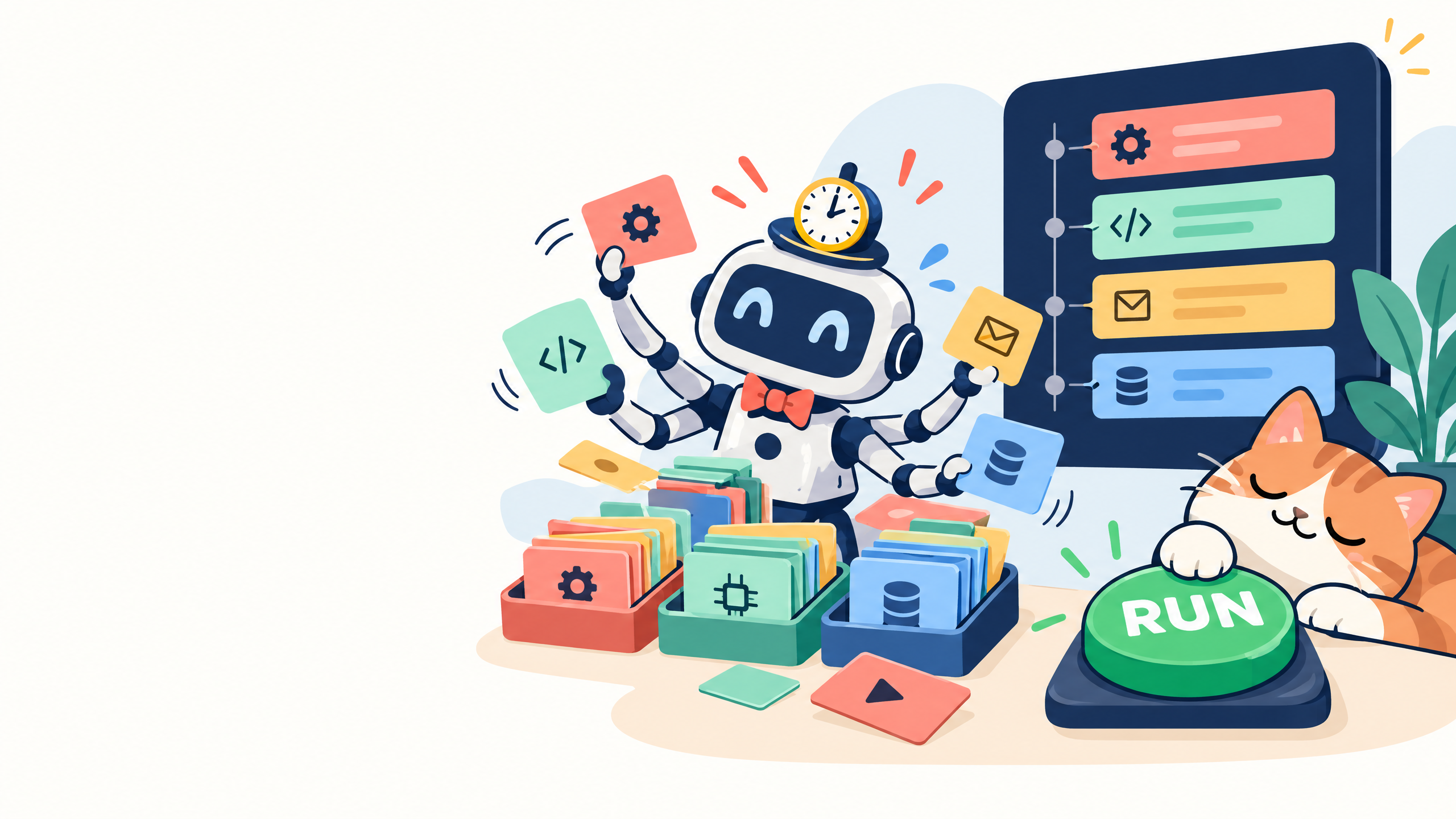 A cartoon robot conductor organizing scheduled tasks while a cat presses a run button